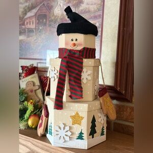 Handcrafted Cream Snowman Stack Holiday Decor with Red & Green Scarf